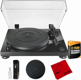 Audio-Technica AT-LPW50PB Fully Manual Belt-Drive Turntable Bundle with 2 YR CPS Enhanced Protection Pack, 12" Platter Mat, Vinyl Record Cleaning Fluid System & Microfiber Cloth belt-drive turntable,vinyl record player,audiophile turntable,