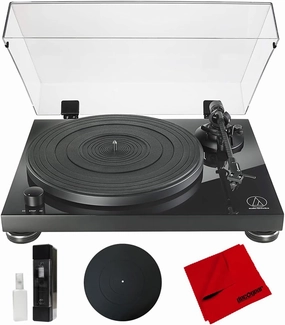 Audio-Technica AT-LPW50PB Fully Manual Belt-Drive Turntable Bundle with Deco Gear 12" Silicone Rubber Platter Mat, Vinyl Record Cleaning Fluid System & Microfiber Cleaning Cloth belt-drive turntable,vinyl record player,audiophile turntable,
