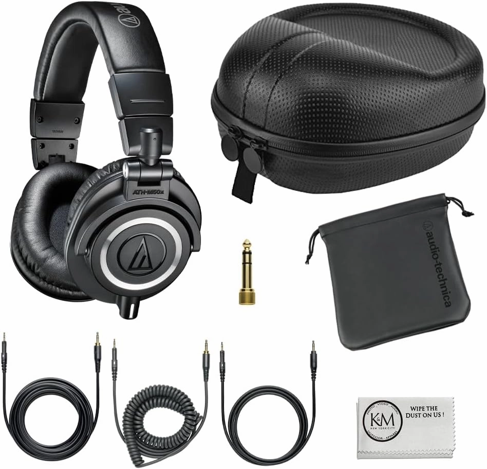 Audio-Technica ATH-M50x Professional Studio Monitor Headphones | Black Bundle with Full Sized Hard Body Headphone Case and Microfiber Cleaning Cloth (3 Items) studio monitors,nearfield speakers,mixing reference monitors,