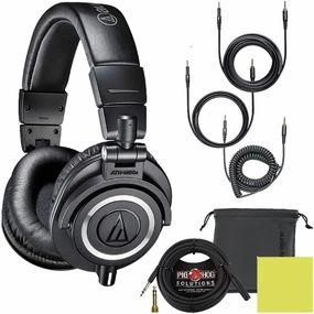 Audio Technica ATH-M50X Professional Studio Monitor Headphones Black, Bundle with Pig hog 10ft Extension Cable & Liquid Polishing Cloth with Detachable Cables studio monitors,nearfield speakers,mixing reference monitors,