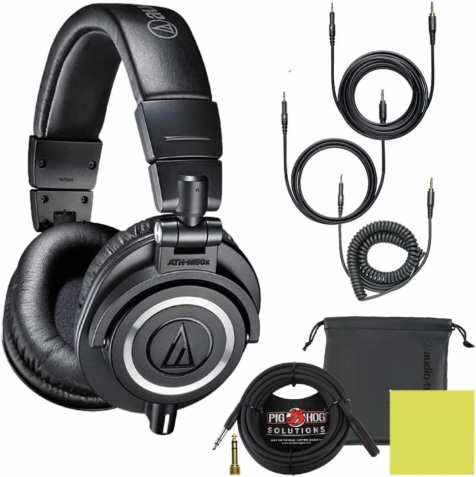 Audio Technica ATH-M50X Professional Studio Monitor Headphones Black, Bundle with Pig hog 10ft Extension Cable & Liquid Polishing Cloth with Detachable Cables studio monitors,nearfield speakers,mixing reference monitors,