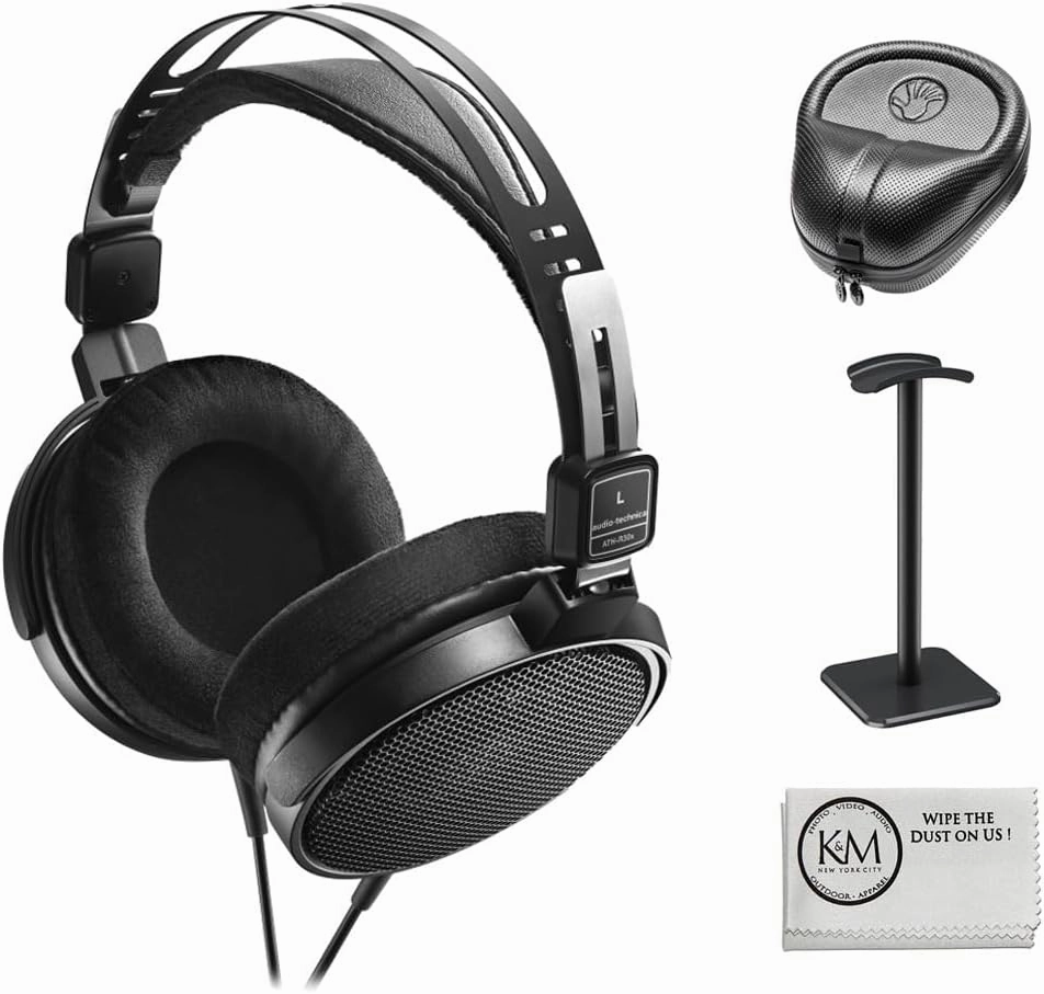 Audio-Technica ATH-R30x Open-Back Reference Headphones with Full-Sized Hard Headphone Case   Headphones Stand & Cloth (4 Items) reference headphones,neutral sound headphones,monitor headphones,