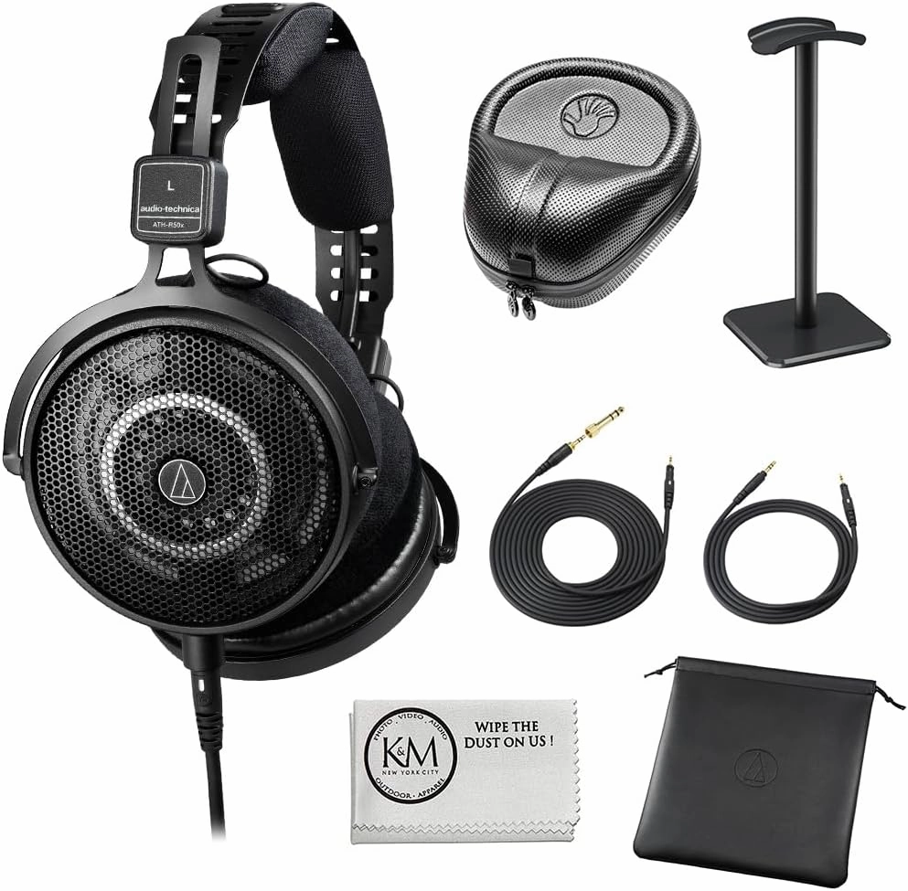 Audio-Technica ATH-R50x Open-Back Reference Headphones with Full-Sized Hard Headphone Case   Headphones Stand & Cloth (4 Items) reference headphones,neutral sound headphones,monitor headphones,