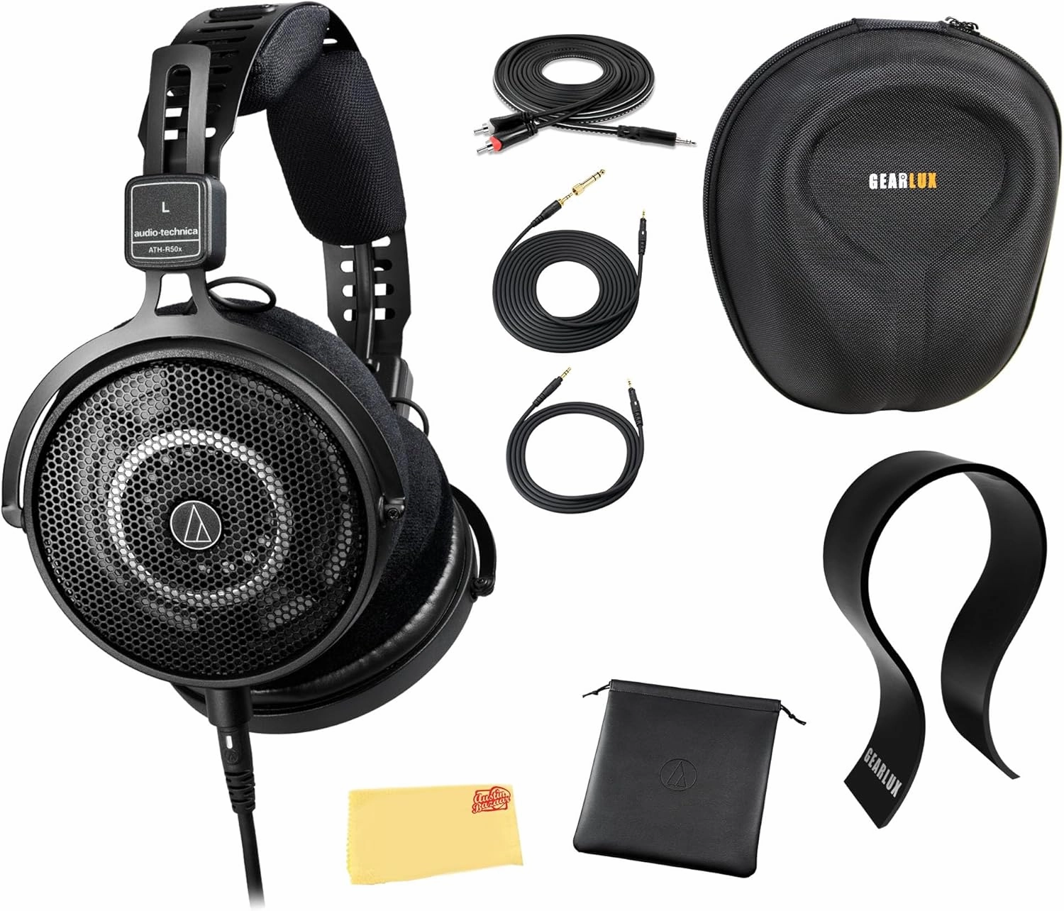 Audio-Technica ATH-R50X Professional Open-Back Reference Headphones - Black Bundle with Case, Stand, Cable, and Austin Bazaar Polishing Cloth reference headphones,neutral sound headphones,monitor headphones,
