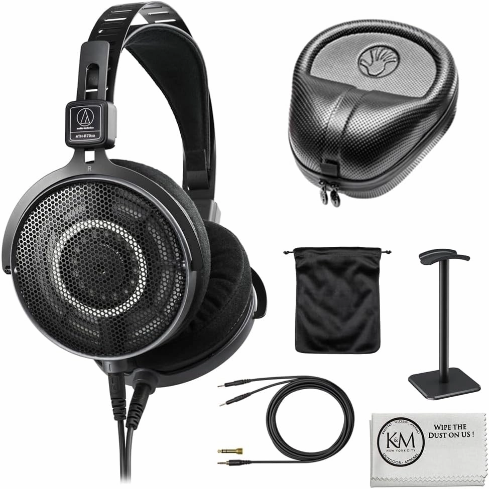 Audio-Technica ATH-R70xa Open-Back Reference Headphones Bundle with Headphones Case   Headphones Stand   Cleaning Cloth (4 Items) reference headphones,neutral sound headphones,monitor headphones,