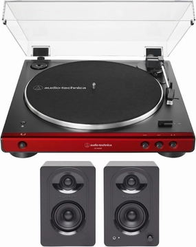 Audio-Technica Fully Automatic Belt-Drive Stereo Turntable, Hi-Fi, 2 Speed, Dust Cover, Anti-Resonance, Die-Cast Aluminum Platter (Red) Bundle with Bookshelf Speakers (2 Items) belt-drive turntable,vinyl record player,audiophile turntable,