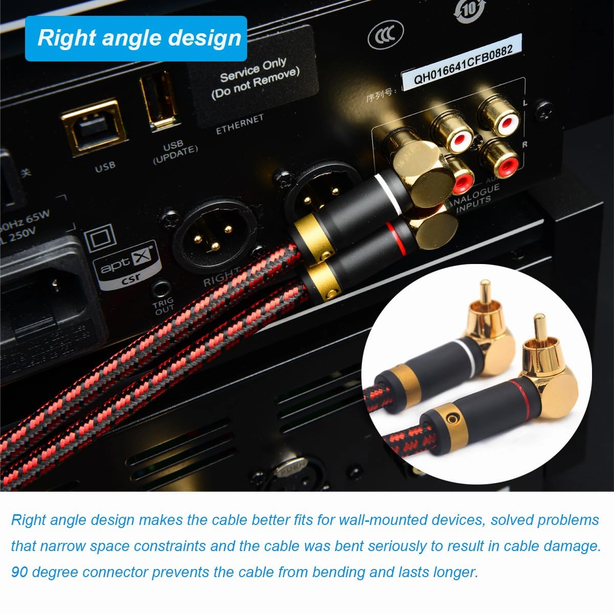 Audiophiles RCA/Phono Cable 2 RCA Male to 2 RCA Male HiFi System Interconnect Cable Braided for Home Cinema Subwoofer Amplifiers Blu-ray (Straight to Right Angle, 9.8ft/3m)