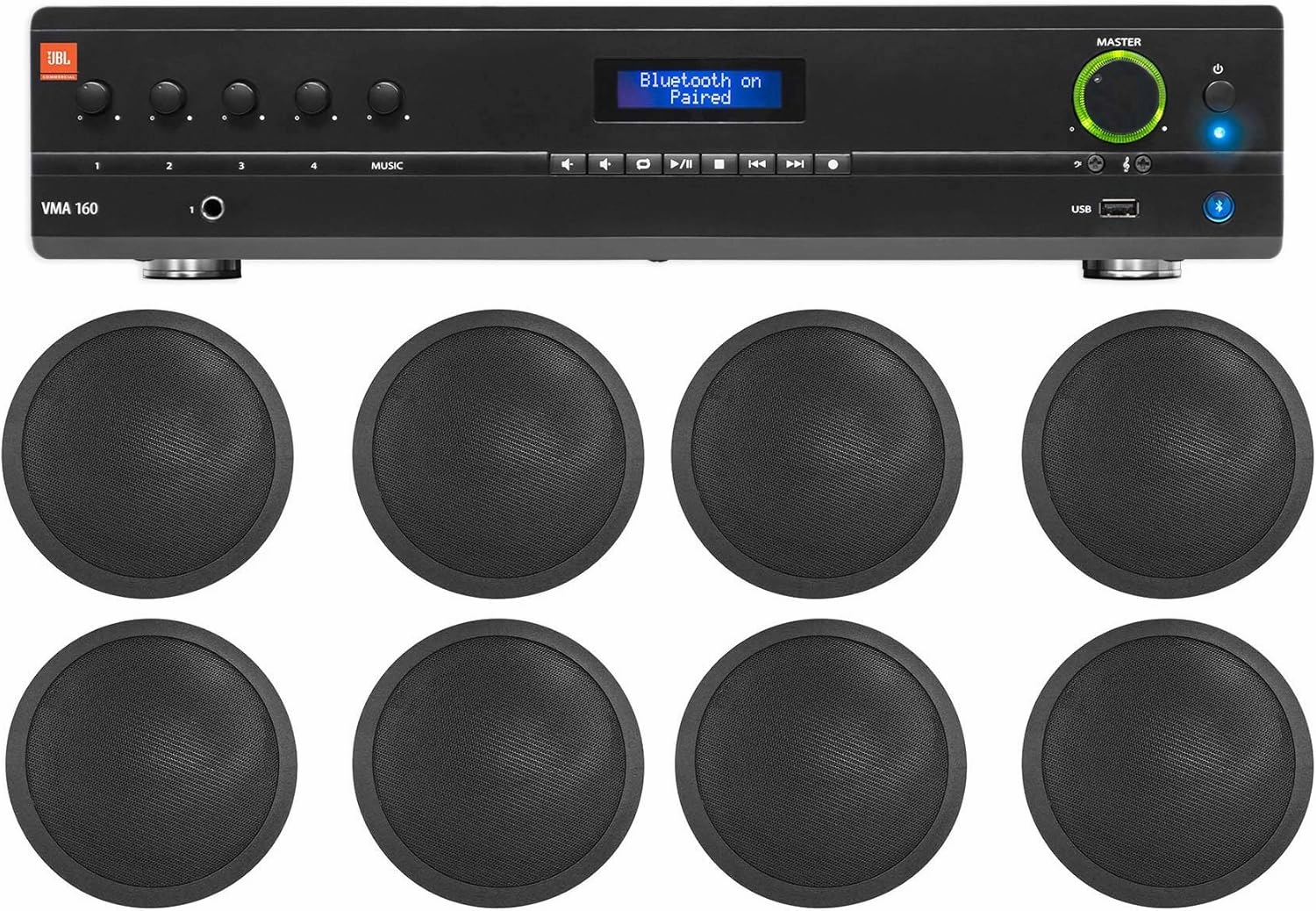 Audiosavings Bundle: (1) JBL VMA160 60-Watt 70 Volt 70V Mixer/Amplifier with Bluetooth Bundle with (8) Rockville CCL5T Black 70V 5" Commercial Ceiling Speakers 4 Restaurant/Office (9 Item) soundbar,TV speaker bar,home theater soundbar,