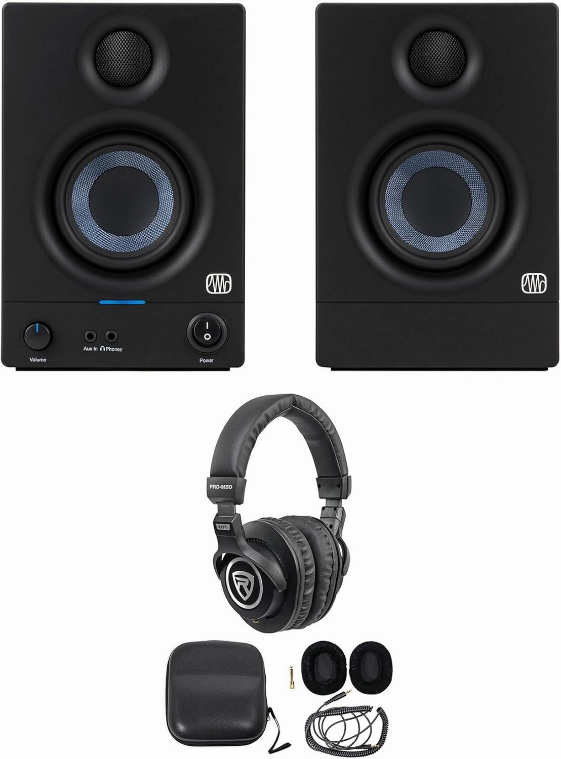 Audiosavings Bundle: (1) Pair Presonus Eris 3.5 2nd Gen 3.5" Reference Studio Monitors Speakers Bundle with (1) Rockville PRO-M50 Studio Headphones w/Detachable Coil Cable, Case (2 Items) reference headphones,neutral sound headphones,monitor headphone