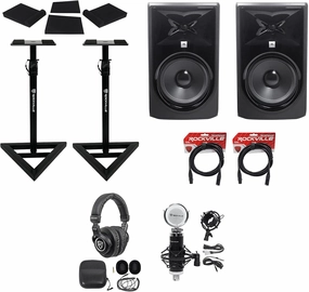 Audiosavings Bundle: (2) JBL 308P MkII 8" Studio Reference Monitor Speaker Bundle with (2) Studio Monitor Isolation Pads (2) XLR Cable. (2) Stands Headphones Condenser Mic (10 Items) studio monitors,nearfield speakers,mixing reference monitors,