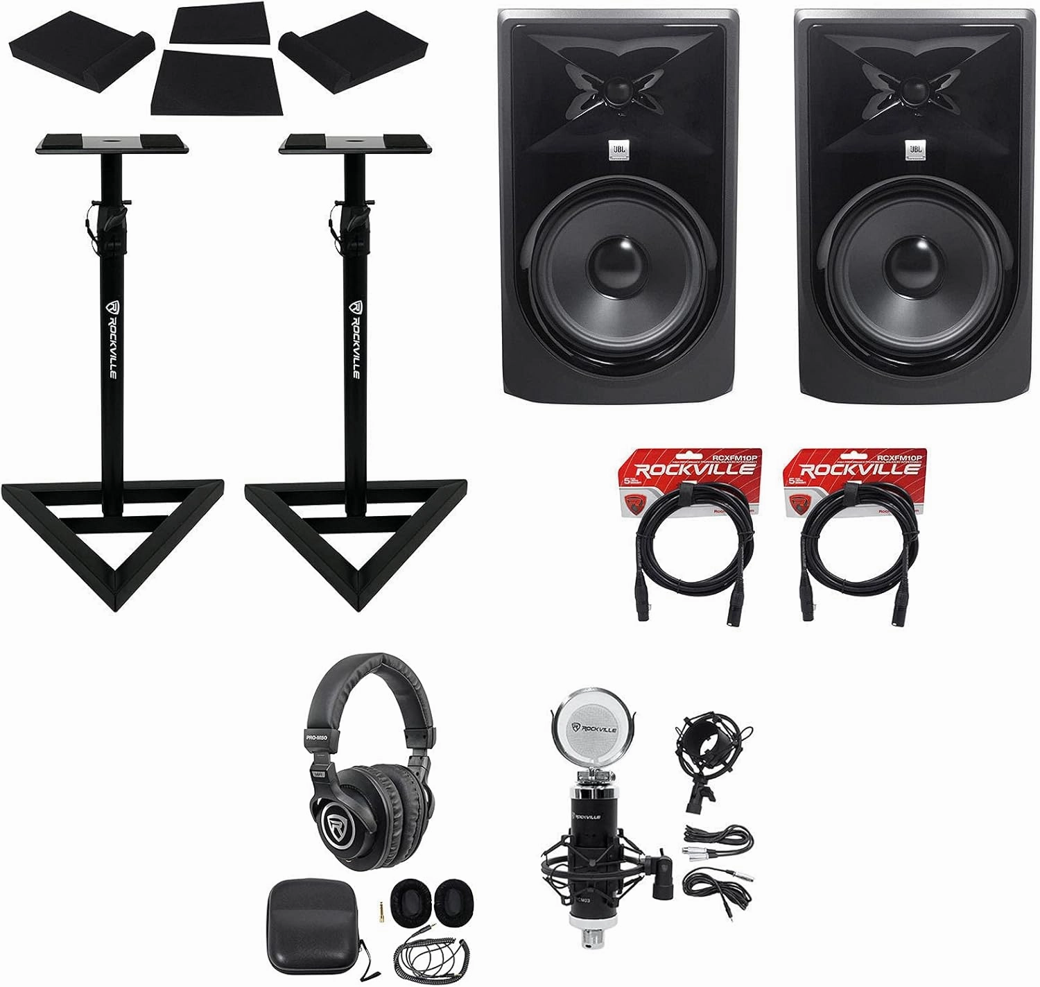 Audiosavings Bundle: (2) JBL 308P MkII 8" Studio Reference Monitor Speaker Bundle with (2) Studio Monitor Isolation Pads (2) XLR Cable. (2) Stands Headphones Condenser Mic (10 Items) studio monitors,nearfield speakers,mixing reference monitors,