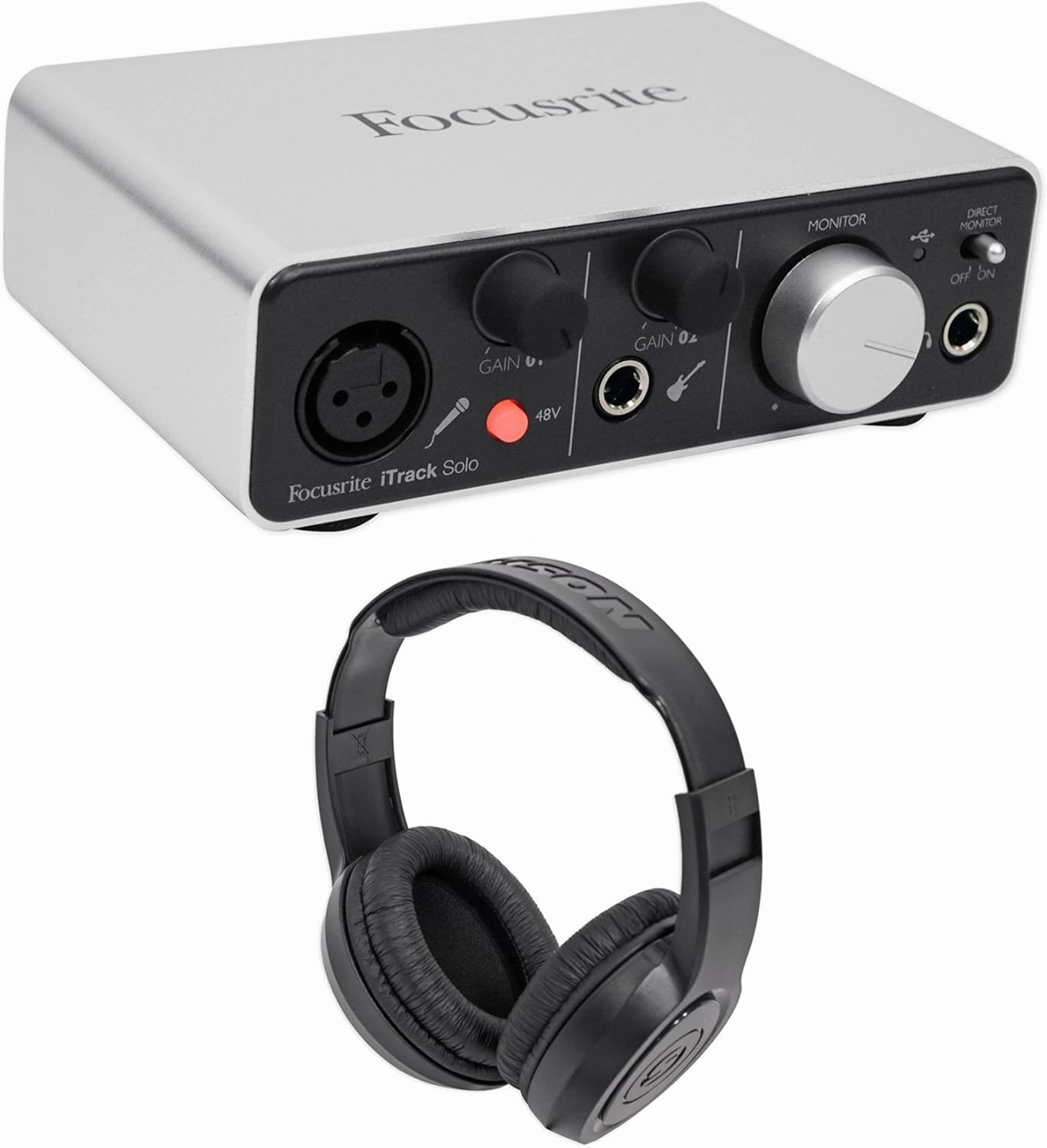 Audiosavings Bundle: Focusrite ITRACK SOLO LIGHTNING USB Audio Recording Interface For iPad/Mac Bundle with Samson SR350 Over Ear Closed Back Studio Reference Monitoring Stereo Headphones (2 Items) reference headphones,neutral sound headphones,monitor head