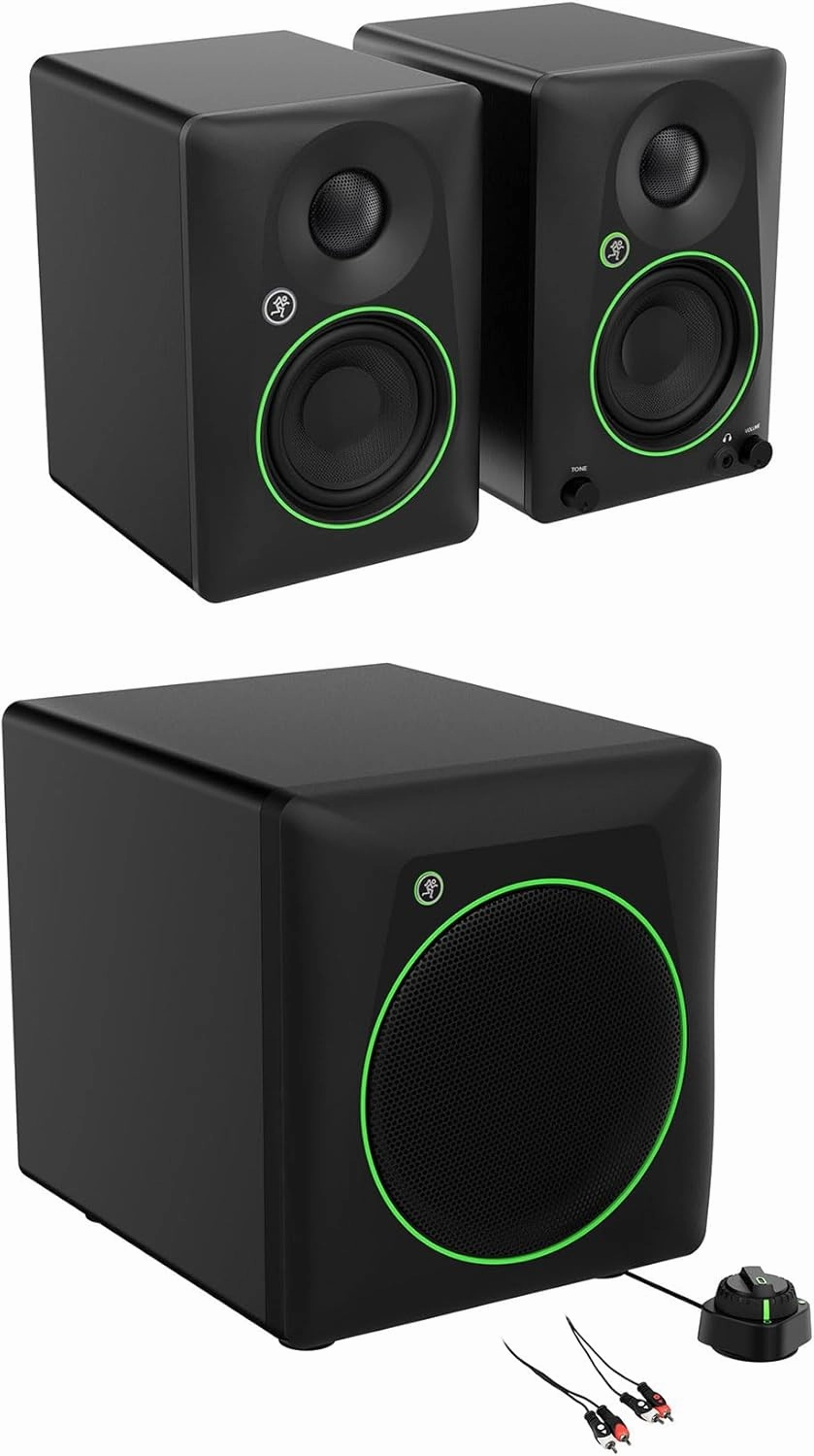 Audiosavings Bundle: Pair of Mackie CR3.5BT 3.5" Powered Studio Monitors Bundle with Mackie CR8SBT 8" Powered Studio Subwoofer, Rockville RCDR10B 10' Dual RCA to RCA Pro Audio Cable (3 Items) studio monitors,nearfield speakers,mixing reference m