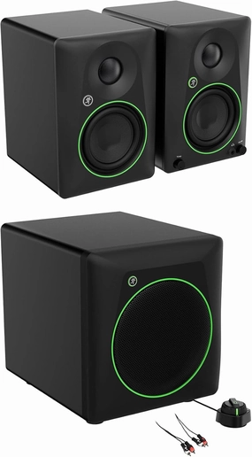 Audiosavings Bundle: Pair of Mackie CR4.5 4.5 Powered Studio Monitors Bundle with Mackie CR8SBT 8 Powered Subwoofer with Bluetooth, Rockville RCDR10B 10' Dual RCA to Dual RCA Pro Audio Cable (3 Items) studio monitors,nearfield speakers,mixing reference mo