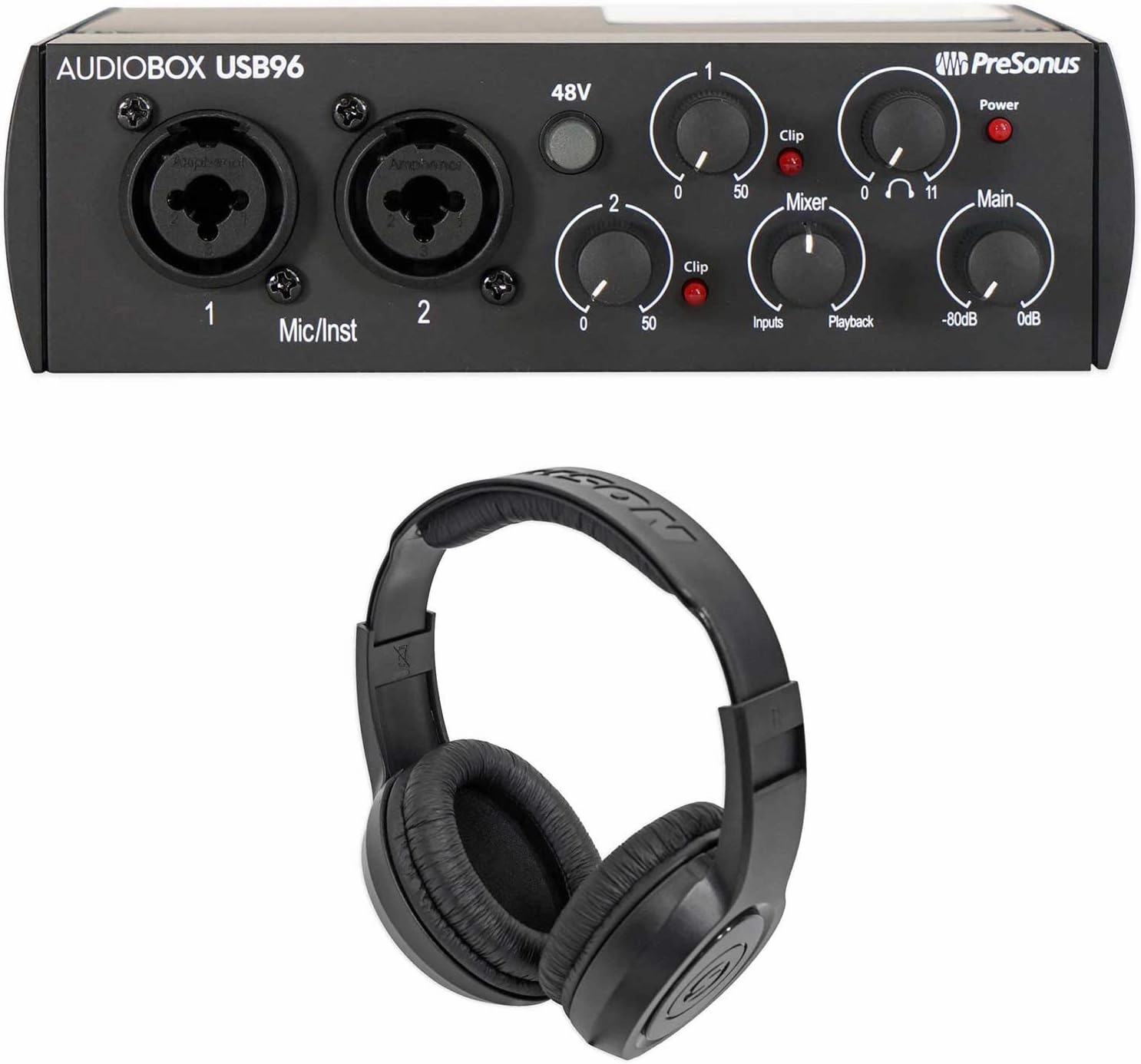 Audiosavings Bundle: PRESONUS AUDIOBOX 96 Black 2x2 Audio Recording USB Interface 25th Anniversary Bundle with Samson SR350 Over Ear Closed Back Studio Reference Stereo Headphones (2 Items) reference headphones,neutral sound headphones,monitor headphones,