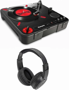 Audiosavings Bundle: PT01 Scratch Portable DJ Turntable w/Scratch Switch Speaker USB/AUX/RCA Bundle with SR350 Over Ear Closed Back Studio Reference Monitoring Stereo Headphones (2 Items) direct-drive turntable,DJ turntable,hi-torque vinyl deck,