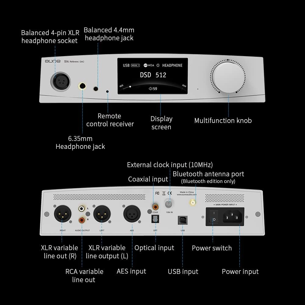 aune S9c Pro DAC with Headphone Amp,10MHz Clock Input, 32bit/768kHz/DSD512/MQA,Dual-DAC Chip, 6.35/XLR/4.4 Jack, PLL/Clock Sync Tech/Twin JFET, Bluetooth AAC/LDAC/aptX HD (Black Bluetooth)