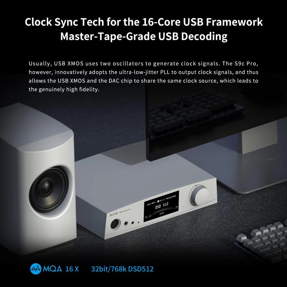 aune S9c Pro DAC with Headphone Amp,10MHz Clock Input, 32bit/768kHz/DSD512/MQA,Dual-DAC Chip, 6.35/XLR/4.4 Jack, PLL/Clock Sync Tech/Twin JFET, Bluetooth AAC/LDAC/aptX HD (Black Bluetooth)