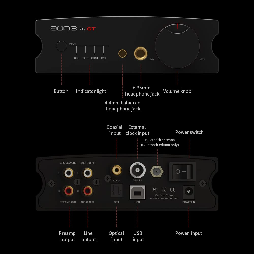 aune X1s GT Hi-Res DAC 768kHz/32bit DSD512 with PLL, External Clock Support, USB Coaxial in, Headphone Amplifier 4.4mm 6.35mm Out/RCA Preamp Out Line Out (X1sGT Bluetooth)