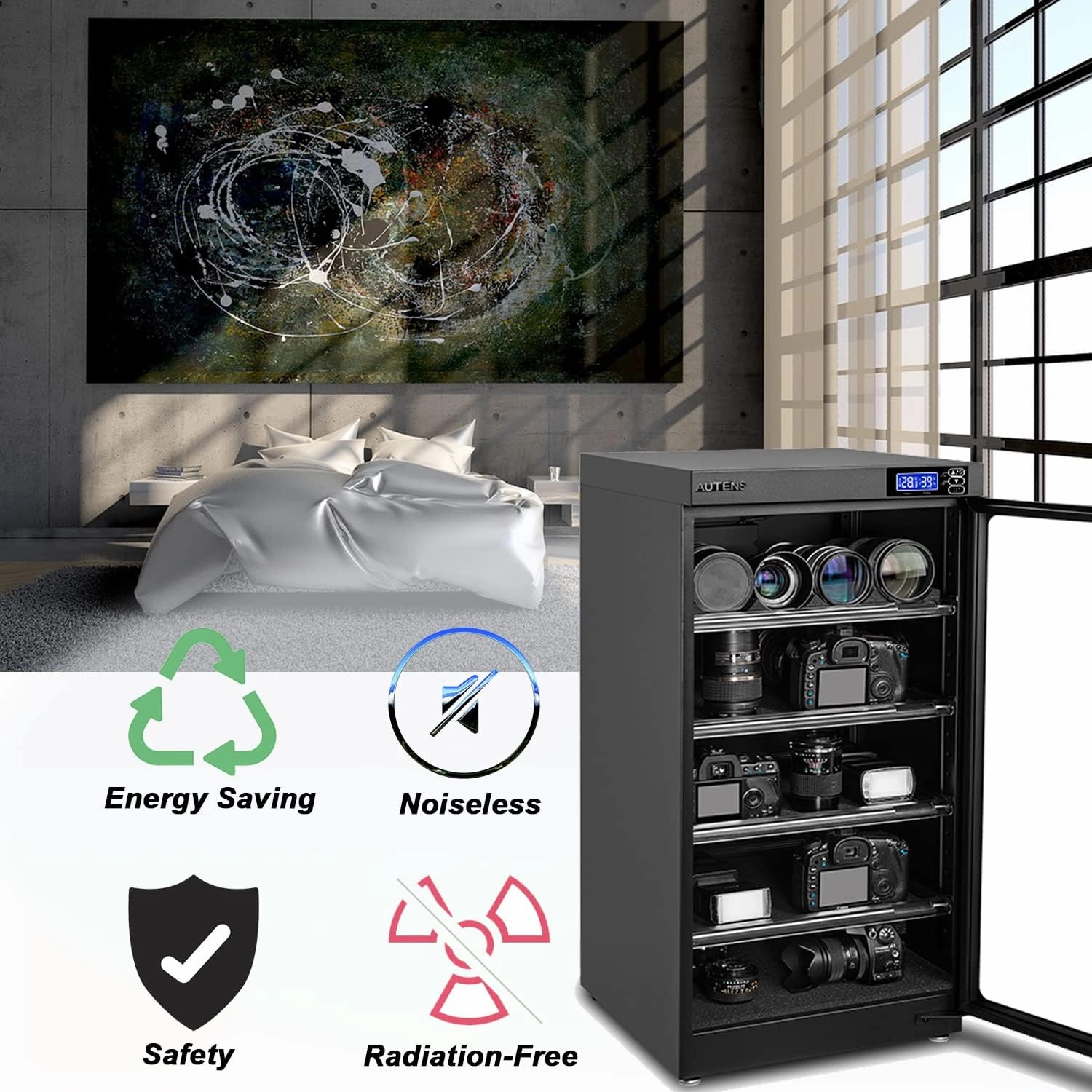 AUTENS 100L Dehumidifying Dry Cabinet Box, Digital Control Noiseless and Energy Saving, 5 Layers for DSLR SLR Camera Lens and Electronic Equipment Storage,Temperature Humidity LED Dual Screen