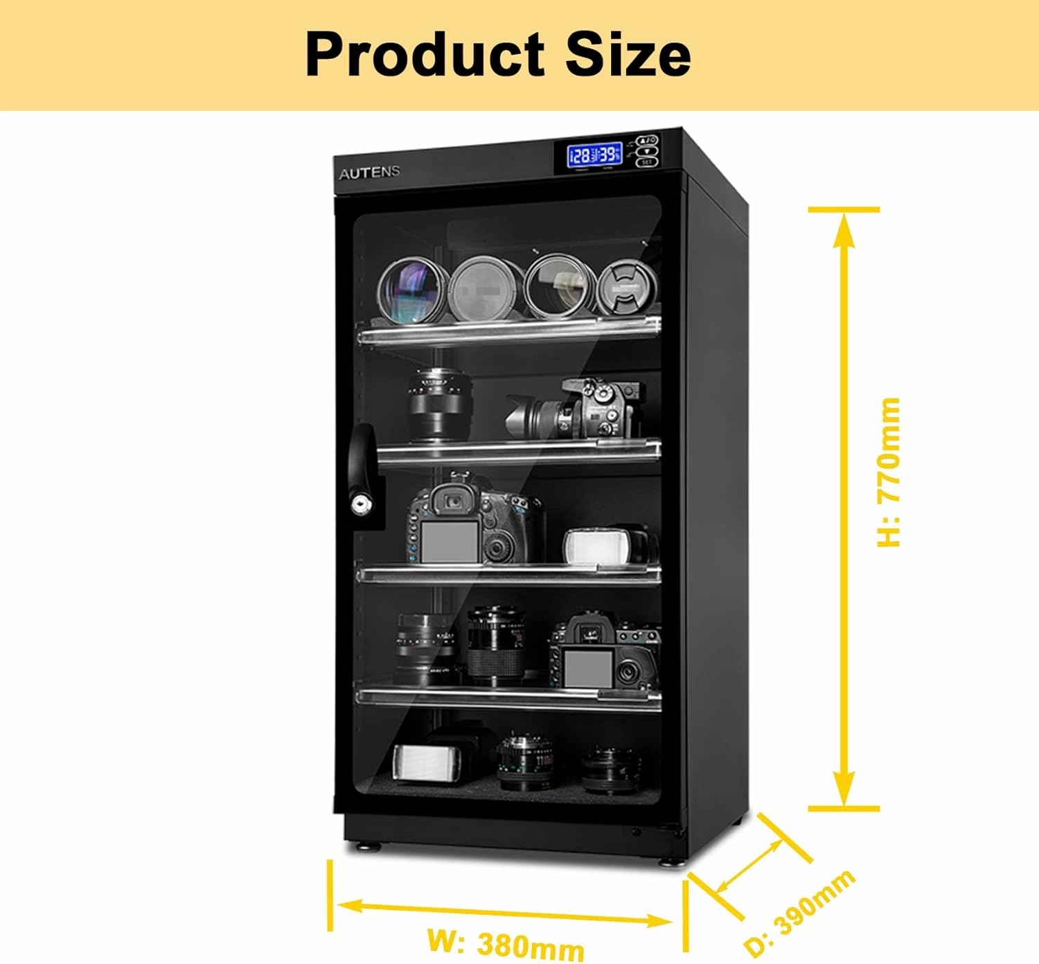 AUTENS 100L Dehumidifying Dry Cabinet Box, Digital Control Noiseless and Energy Saving, 5 Layers for DSLR SLR Camera Lens and Electronic Equipment Storage,Temperature Humidity LED Dual Screen