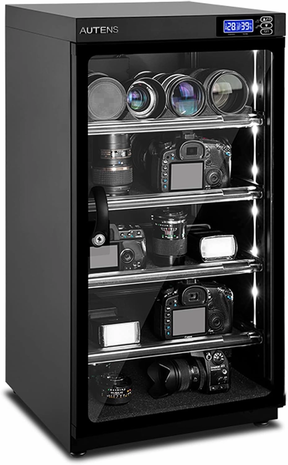 AUTENS 100L Dehumidifying Dry Cabinet Box, Digital Control Noiseless and Energy Saving, 5 Layers for DSLR SLR Camera Lens and Electronic Equipment Storage,Temperature Humidity LED Dual Screen equipment cabinet,AV gear cabinet,component enclosure,