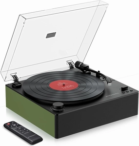 Automatic Record Player, Bluetooth Belt Drive Vinyl Turntable, Magnetic AT-3600L Cartridge, Bluetooth in & Out, Hi-Fi Stereo Speakers, Aux in Headphone, RCA Out with Remote Control (Green) belt-drive turntable,vinyl record player,audiophile turntable,