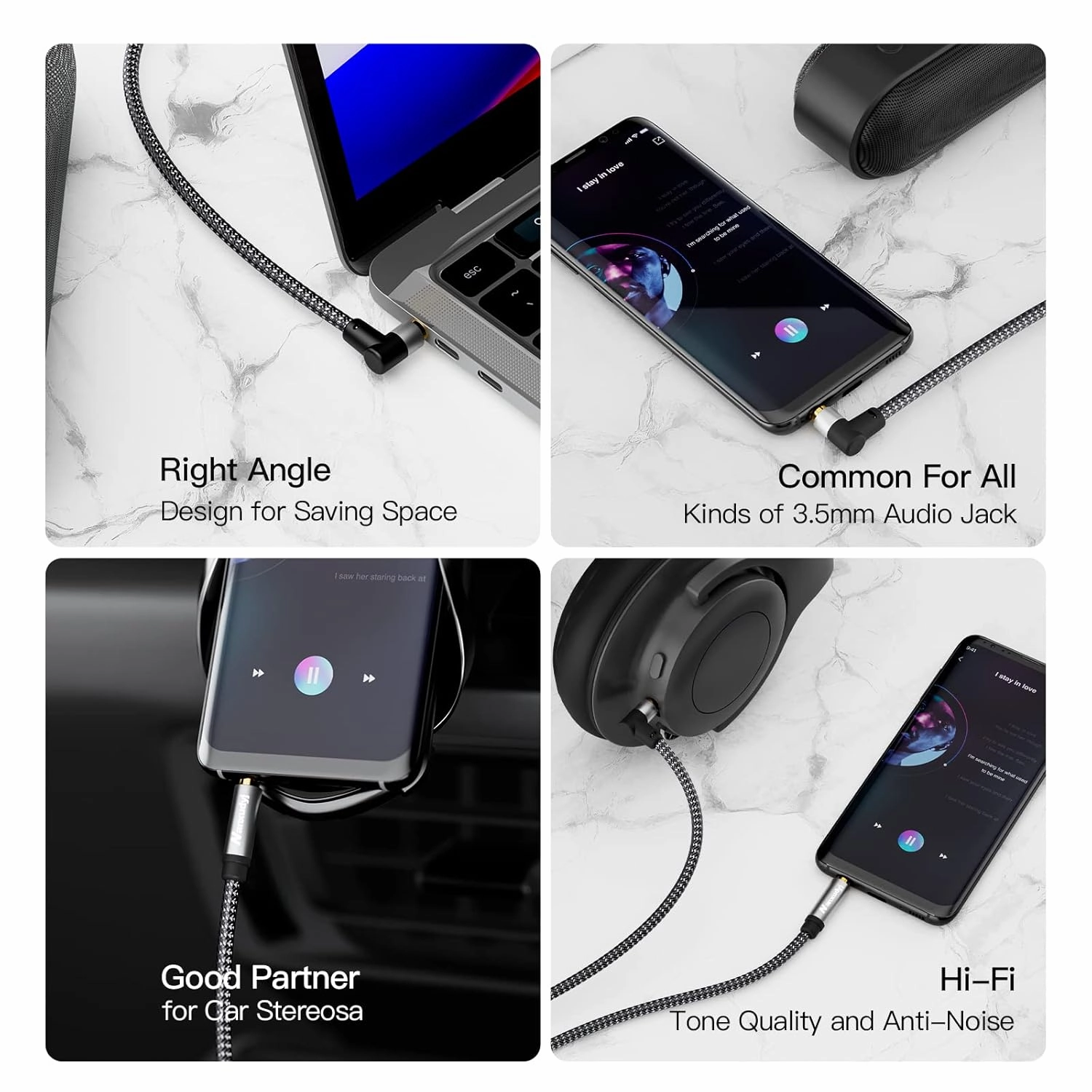 AUX Cord 6ft/1.8M,3.5mm Stereo Audio Cable 90 Degree 3.5mm Male to Male Stereo Aux Cable Right Angle TRS Cable Compatible for car, Headphone,Tablets, Speakers