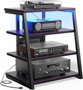 AV Media Stand with Outlets, Media Console with LED Lights, Stereo Racks and Stands with Storage Shelves, Media Audio Tower Cabinet, Black Enoby audio rack,hi-fi component stand,media shelf,