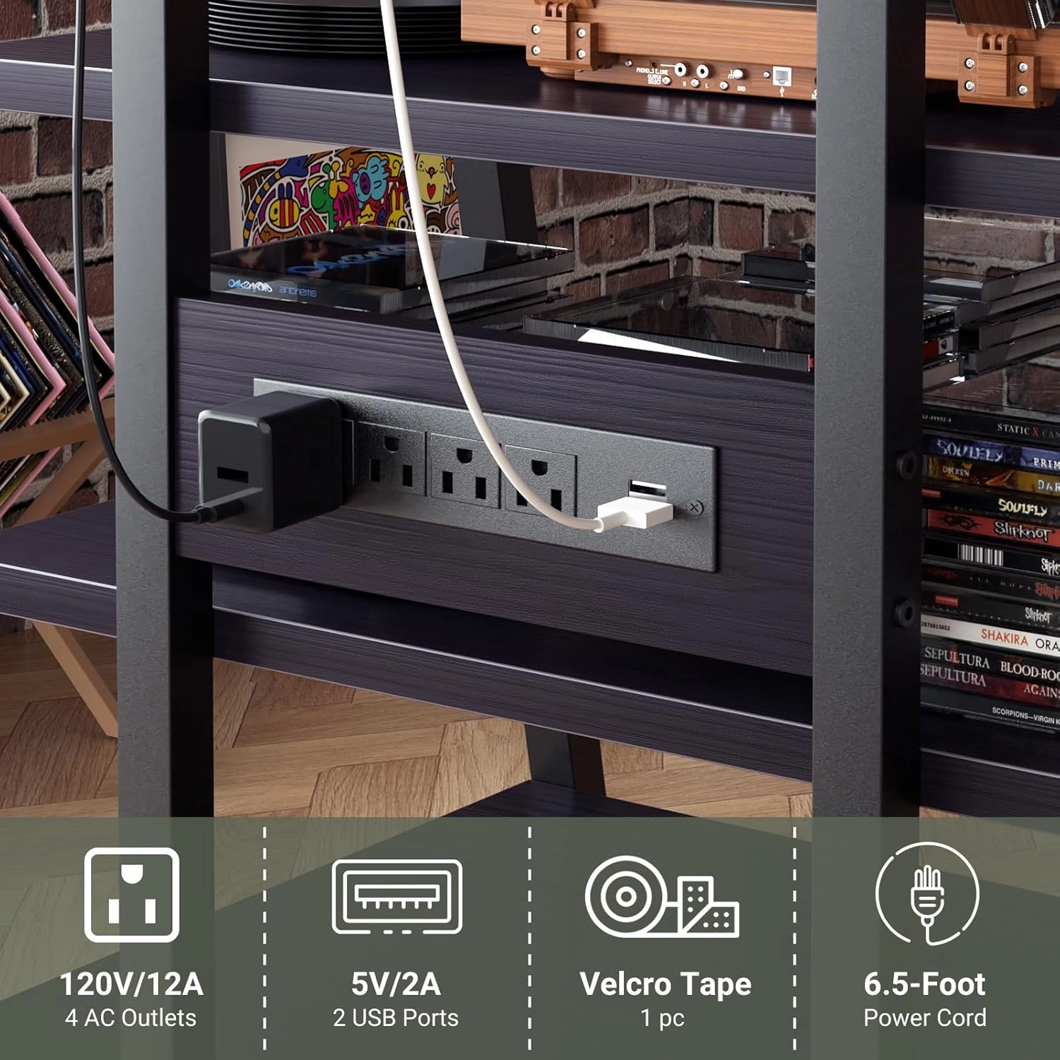 AV Media Stand with Outlets, Media Console with LED Lights, Stereo Racks and Stands with Storage Shelves, Media Audio Tower Cabinet, Black Enoby