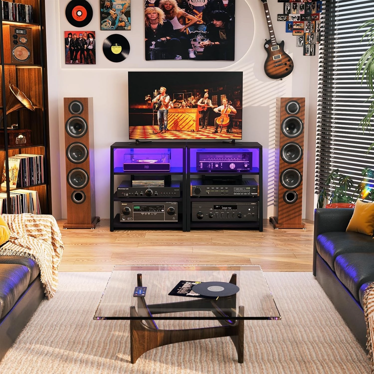 AV Media Stand with Outlets, Media Console with LED Lights, Stereo Racks and Stands with Storage Shelves, Media Audio Tower Cabinet, Black Enoby