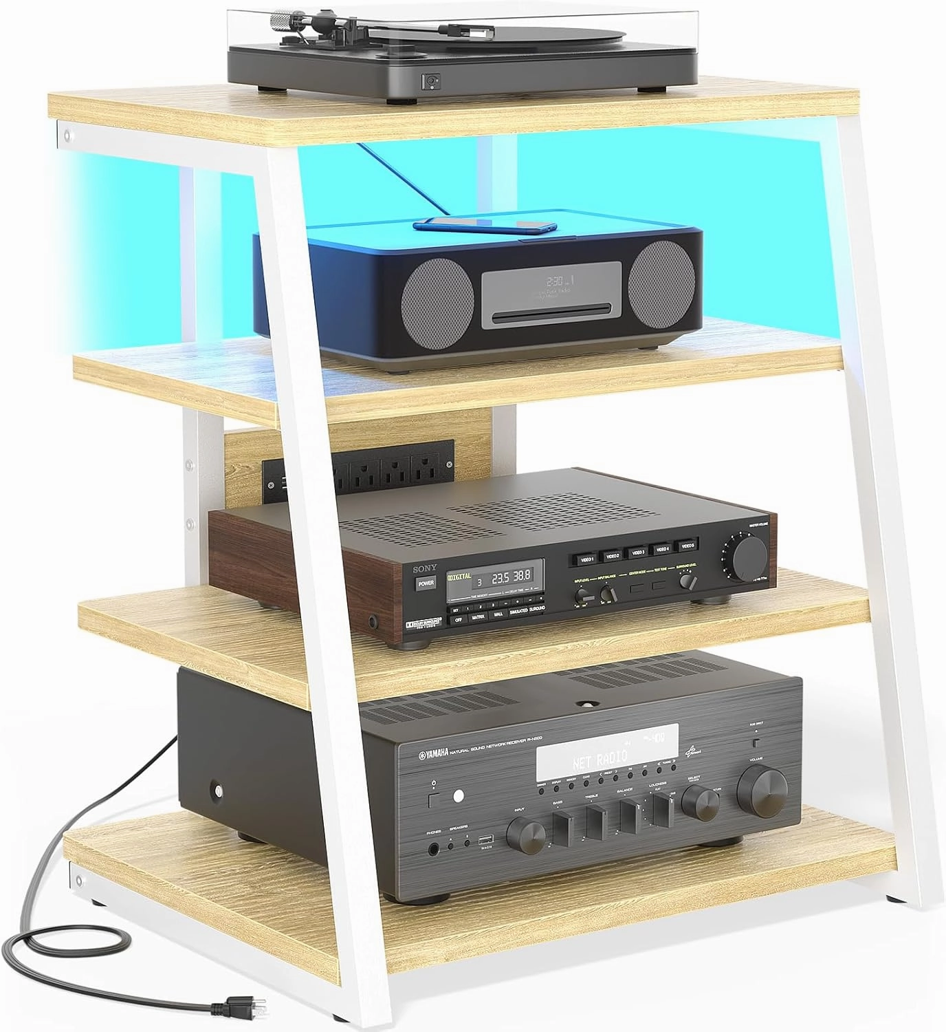 AV Media Stand with Outlets, Media Console with LED Lights, Stereo Racks and Stands with Storage Shelves, Media Audio Tower Cabinet, Natural Oak and White audio rack,hi-fi component stand,media shelf,