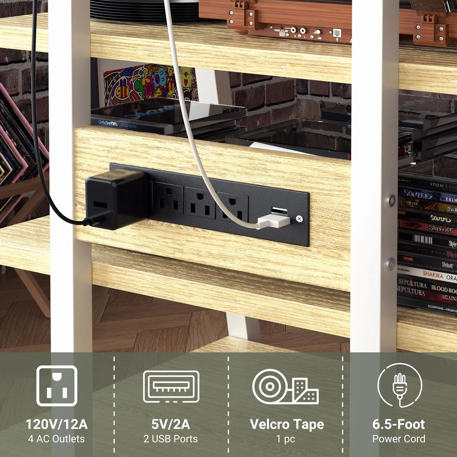 AV Media Stand with Outlets, Media Console with LED Lights, Stereo Racks and Stands with Storage Shelves, Media Audio Tower Cabinet, Natural Oak and White