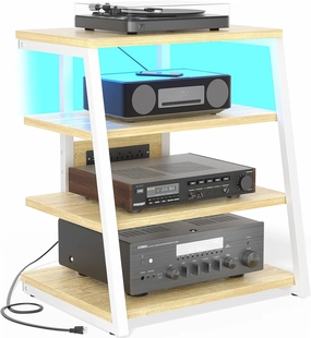 AV Media Stand with Outlets, Media Console with LED Lights, Stereo Racks and Stands with Storage Shelves, Media Audio Tower Cabinet, Natural Oak and White audio rack,hi-fi component stand,media shelf,
