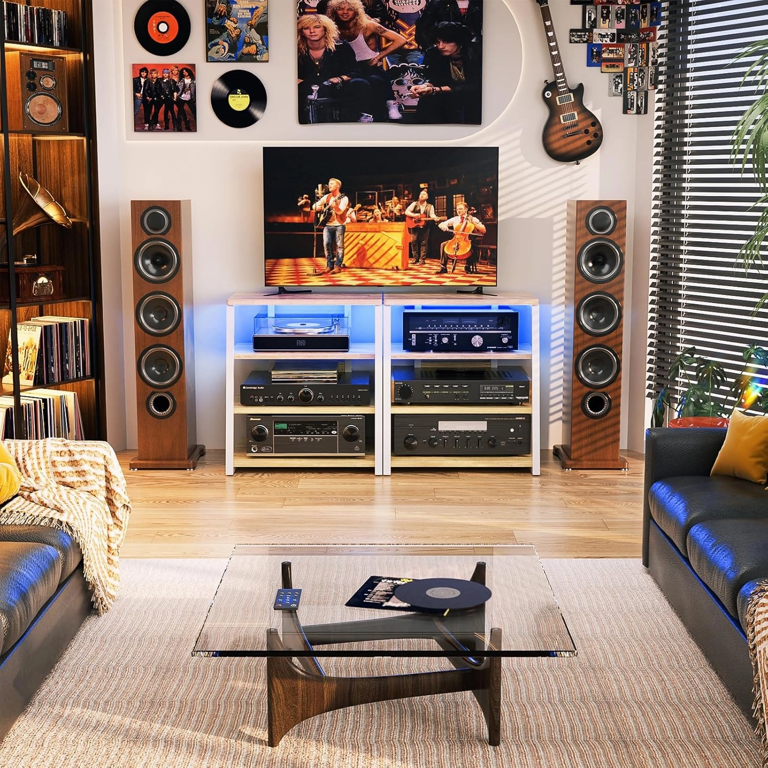 AV Media Stand with Outlets, Media Console with LED Lights, Stereo Racks and Stands with Storage Shelves, Media Audio Tower Cabinet, Natural Oak and White