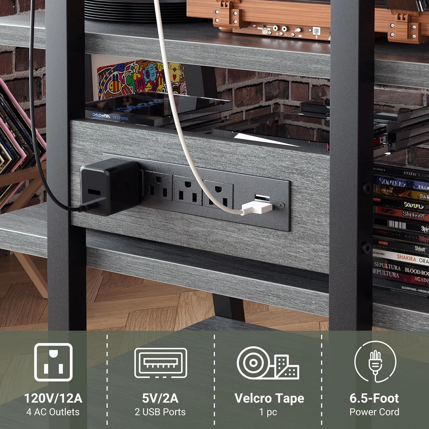 AV Media Stand with Outlets, Media Console with LED Lights, Stereo Racks and Stands with Storage Shelves, Media Audio Tower Stand, Light Grey Walnut
