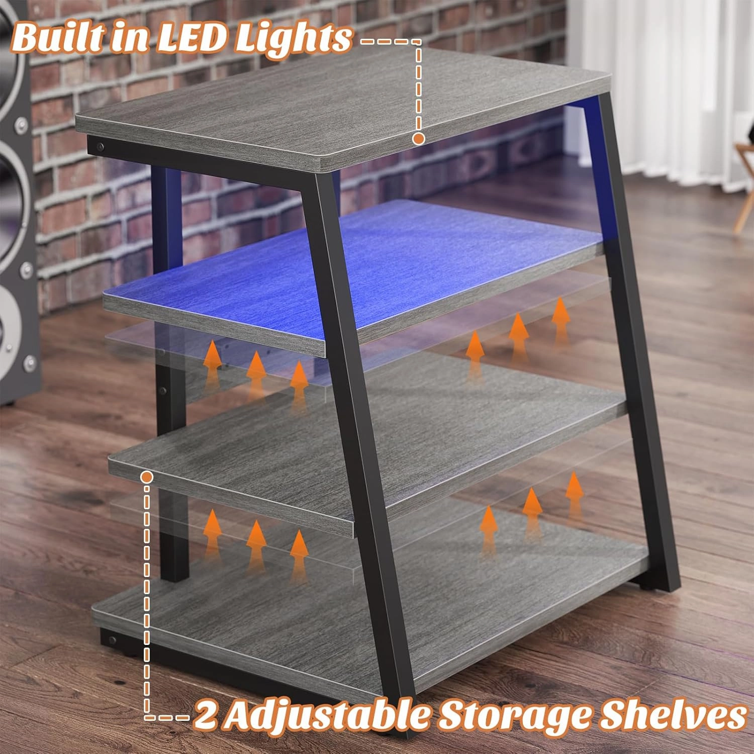AV Media Stand with Outlets, Media Console with LED Lights, Stereo Racks and Stands with Storage Shelves, Media Audio Tower Stand, Light Grey Walnut