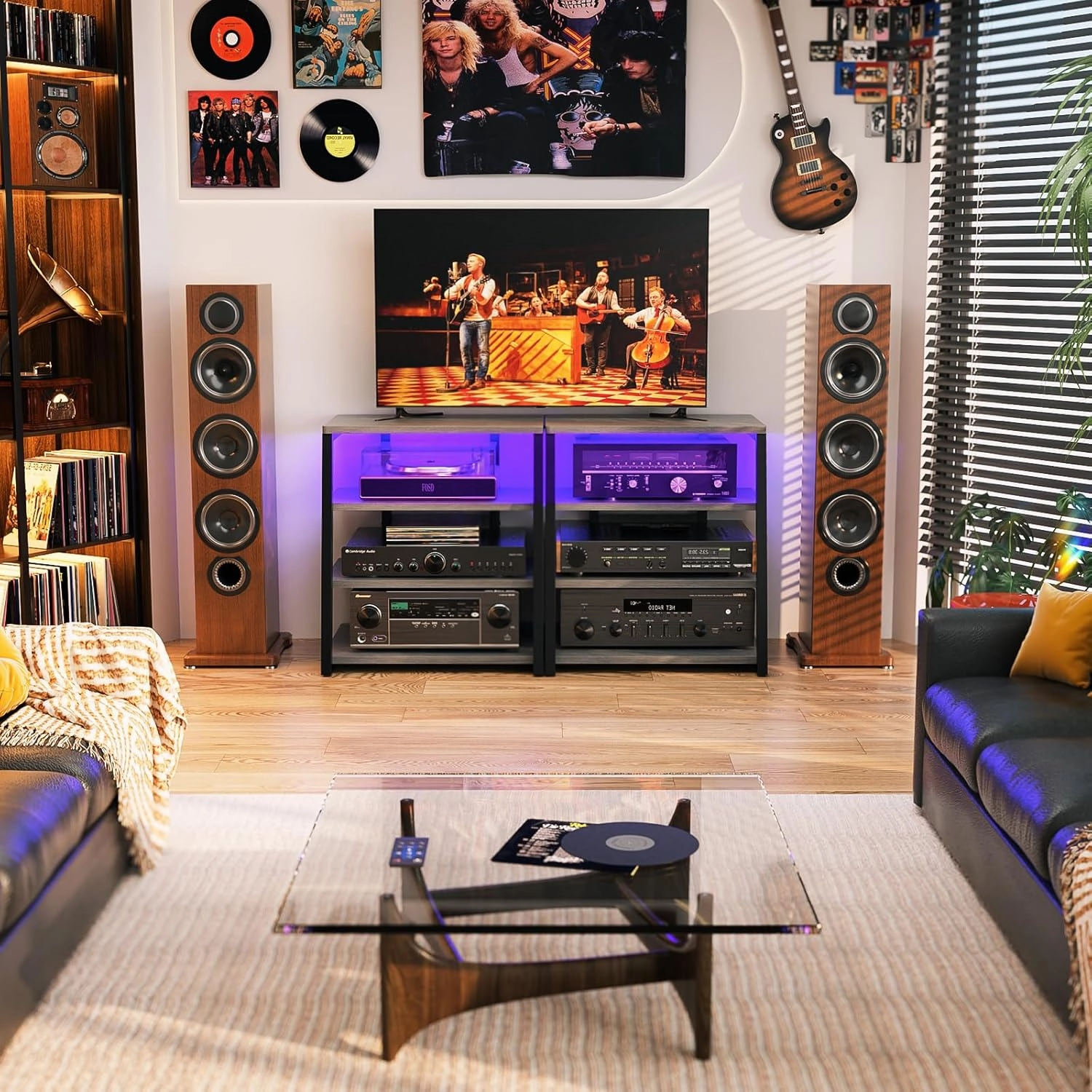 AV Media Stand with Outlets, Media Console with LED Lights, Stereo Racks and Stands with Storage Shelves, Media Audio Tower Stand, Light Grey Walnut