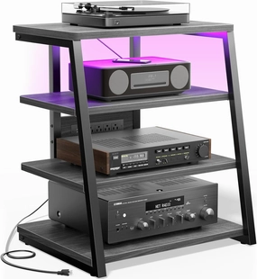 AV Media Stand with Outlets, Media Console with LED Lights, Stereo Racks and Stands with Storage Shelves, Media Audio Tower Stand, Light Grey Walnut audio rack,hi-fi component stand,media shelf,