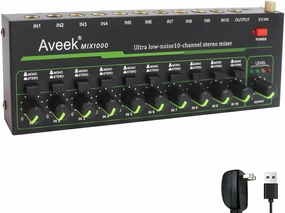 Aveek 10 Channel Mixer - Mini 10 Stereo Audio Mixer, Low-Noise for Precision Sub-Mixing,1/4" TRS Input/Output Ideal for Mics/Guitars/Bass/Stage - 3 x 8.6 x 1.1 inches mixer console,audio mixing desk,DJ console,