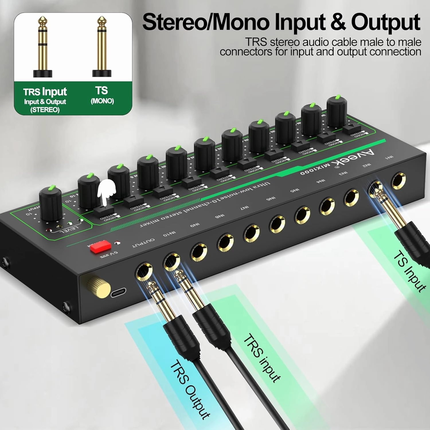 Aveek 10 Channel Mixer - Mini 10 Stereo Audio Mixer, Low-Noise for Precision Sub-Mixing,1/4" TRS Input/Output Ideal for Mics/Guitars/Bass/Stage - 3 x 8.6 x 1.1 inches