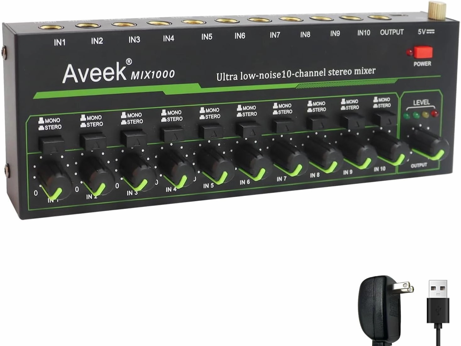 Aveek 10 Channel Mixer - Mini 10 Stereo Audio Mixer, Low-Noise for Precision Sub-Mixing,1/4" TRS Input/Output Ideal for Mics/Guitars/Bass/Stage - 3 x 8.6 x 1.1 inches mixer console,audio mixing desk,DJ console,