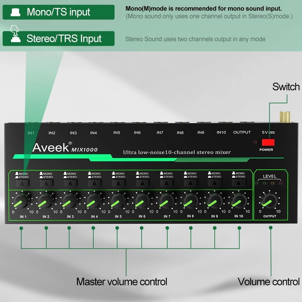 Aveek 10 Channel Mixer - Mini 10 Stereo Audio Mixer, Low-Noise for Precision Sub-Mixing,1/4" TRS Input/Output Ideal for Mics/Guitars/Bass/Stage - 3 x 8.6 x 1.1 inches