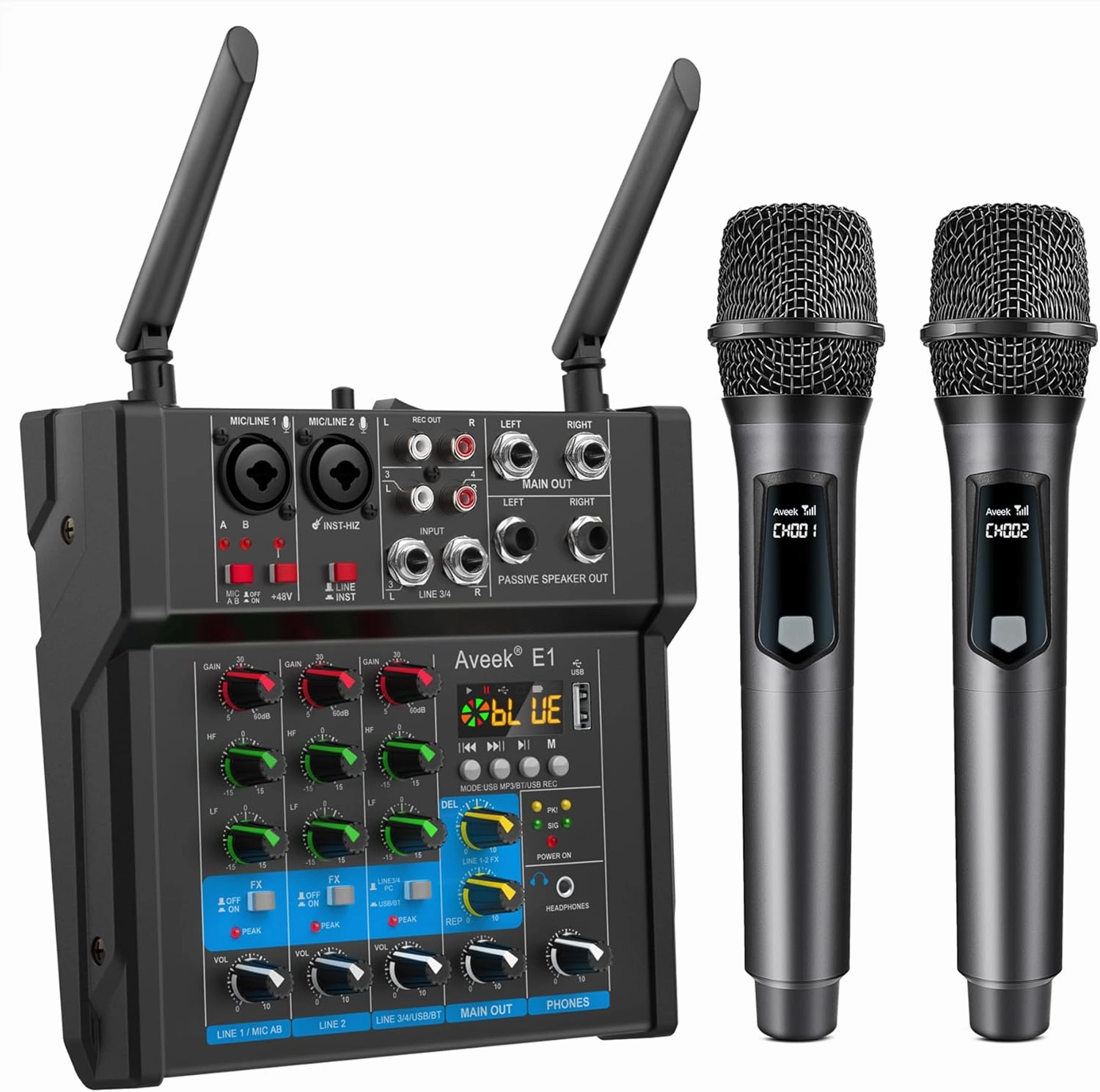 Aveek 150W x2 Powered Amplifier Audio Mixer,4 Channel With Dual Wireless Mic Sound Board Console MP3 Digital USB Bluetooth Computer Input 48V Phantom Power Stereo DJ Mixing for Karaoke Party power amplifier,stereo amp,hi-fi power amp,