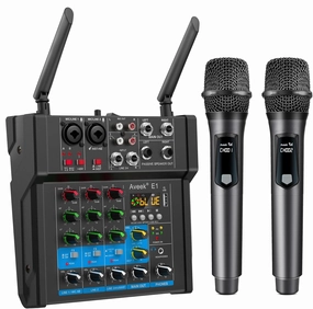 Aveek 150W x2 Powered Amplifier Audio Mixer,4 Channel With Dual Wireless Mic Sound Board Console MP3 Digital USB Bluetooth Computer Input 48V Phantom Power Stereo DJ Mixing for Karaoke Party power amplifier,stereo amp,hi-fi power amp,