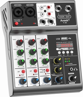 Aveek Professional Audio Mixer, Sound Board Mixing Console with 4 Channel Digital USB Bluetooth Echo Delay Effect, Input 48V Phantom Power Stereo DJ Mixers for Recording, Live Streaming, Podcasting mixer console,audio mixing desk,DJ console,