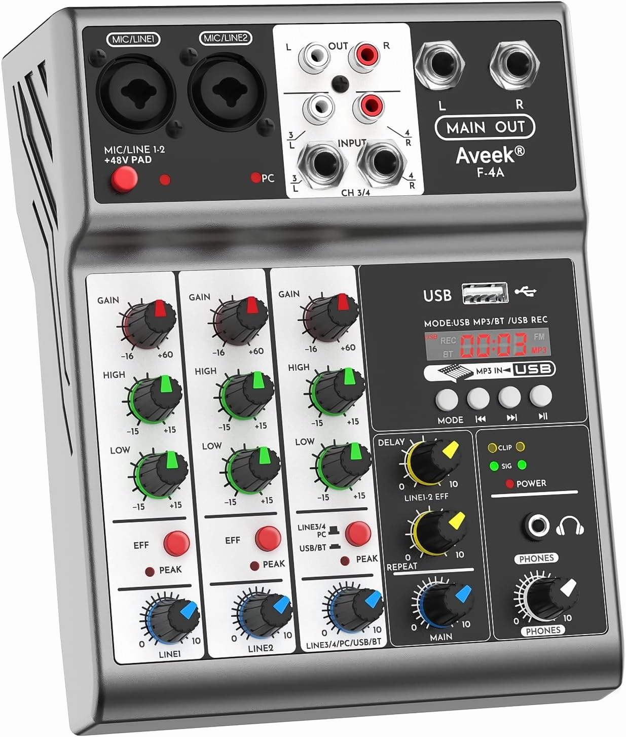 Aveek Professional Audio Mixer, Sound Board Mixing Console with 4 Channel Digital USB Bluetooth Echo Delay Effect, Input 48V Phantom Power Stereo DJ Mixers for Recording, Live Streaming, Podcasting mixer console,audio mixing desk,DJ console,