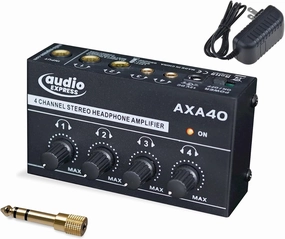 AXA40 Mini 4-Channel Headphone Amp with 1/4" & 3.5mm TRS Outputs, Includes 12V Power Supply & 3.5mm to 1/4" Adapter headphone amplifier,portable amp,desktop headphone amp,