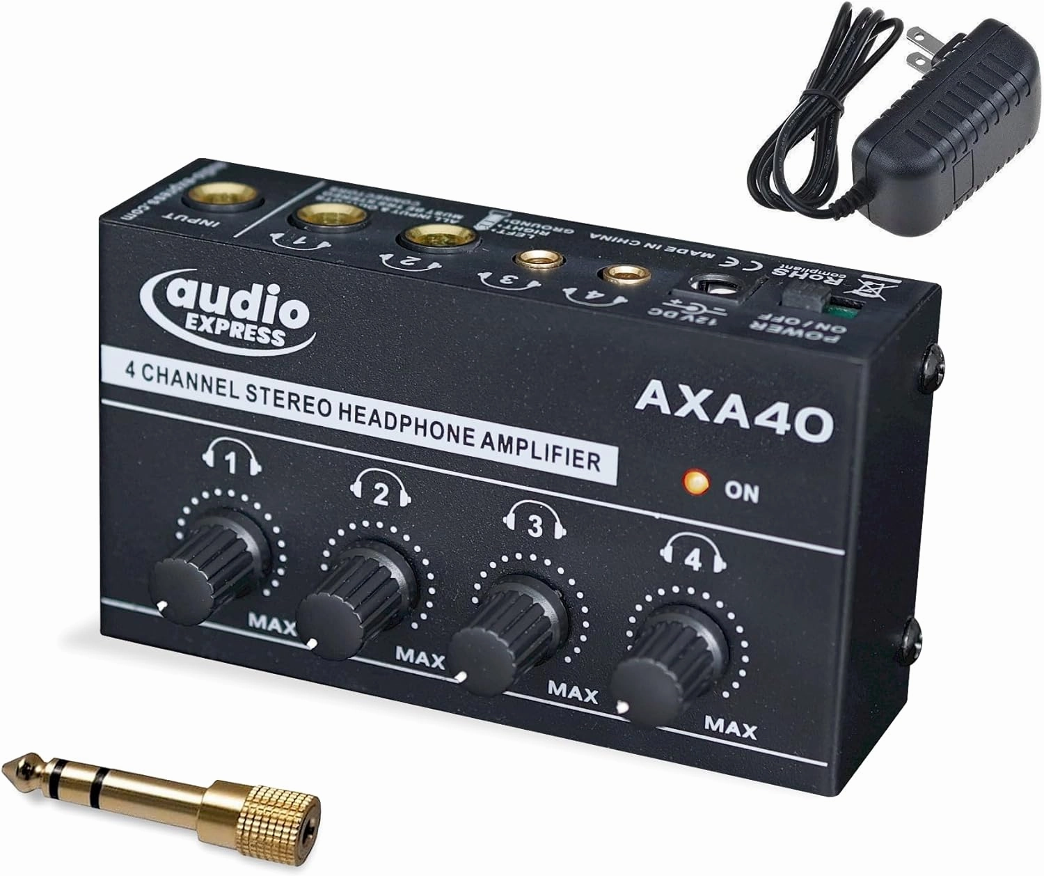 AXA40 Mini 4-Channel Headphone Amp with 1/4" & 3.5mm TRS Outputs, Includes 12V Power Supply & 3.5mm to 1/4" Adapter headphone amplifier,portable amp,desktop headphone amp,
