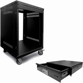 AxcessAbles 12U AV Rack Stand with 2U Locking Rack Drawer |12 Space Component Rack Cabinet and 15" Deep Secured Metal Server Rack Mount Storage Drawer music server,hi-fi media server,digital audio storage,